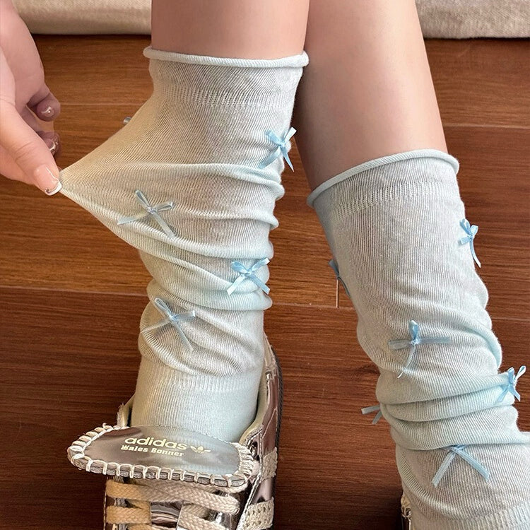 Kawaii Ballet Style Bow Socks 3 Pairs Cotton Thin Summer Slouchy Crew Socks for Girls